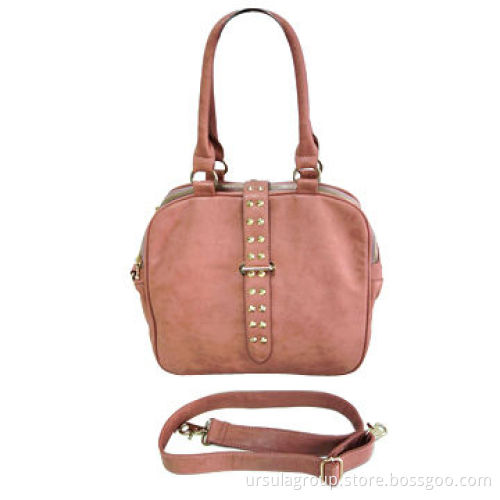Fashionable handbag with studs decoration on tab, 3 zip opening compartments and two-way handles